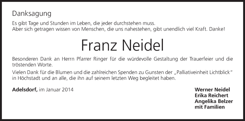  Traueranzeige für Franz Neidel vom 04.01.2014 aus MGO