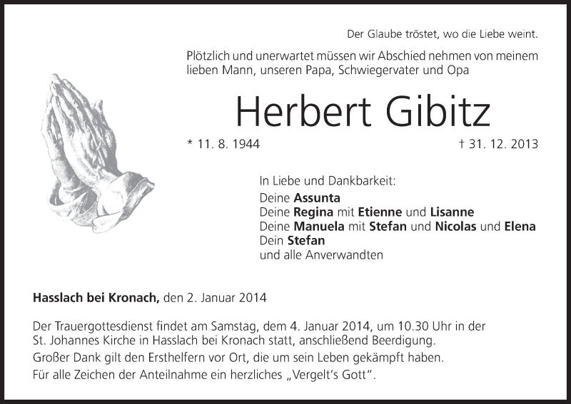  Traueranzeige für Herbert Gibitz vom 02.01.2014 aus MGO