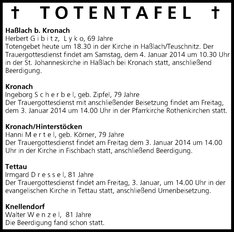  Traueranzeige für Totentafel 20140103 vom 03.01.2014 aus MGO