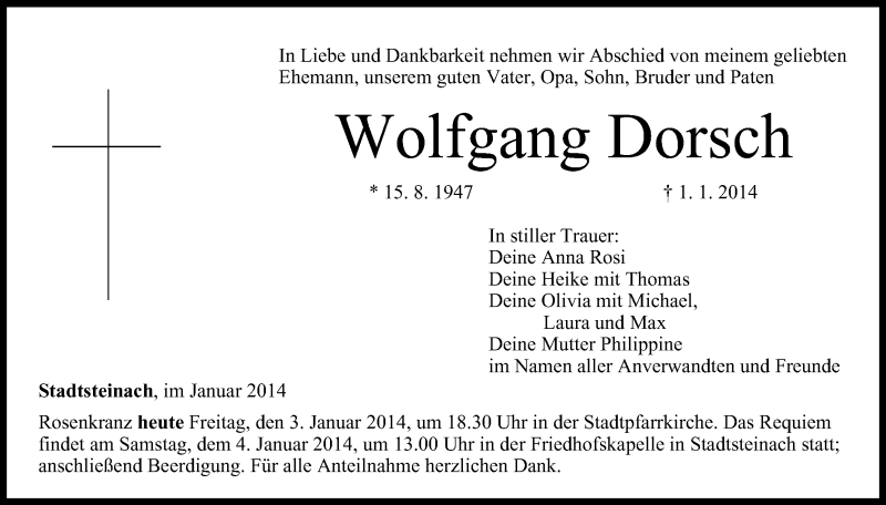  Traueranzeige für Wolfgang Dorsch vom 03.01.2014 aus MGO