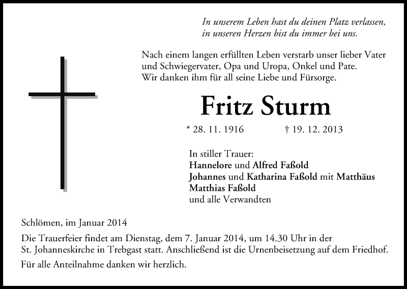  Traueranzeige für Fritz Sturm vom 04.01.2014 aus MGO