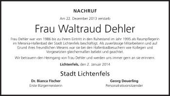 Anzeige von Waltraud Dehler von MGO