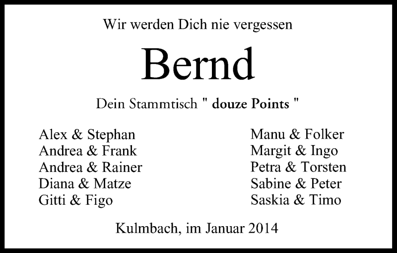  Traueranzeige für Bernd  vom 04.01.2014 aus MGO