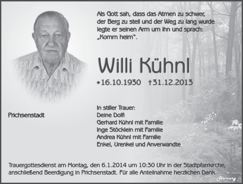  Traueranzeige für Willi Kühnl vom 04.01.2014 aus MGO