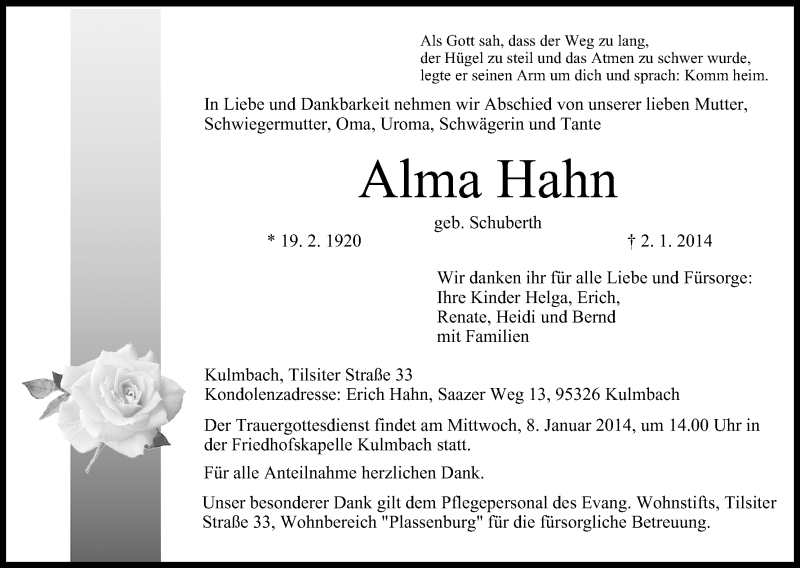  Traueranzeige für Alma Hahn vom 04.01.2014 aus MGO