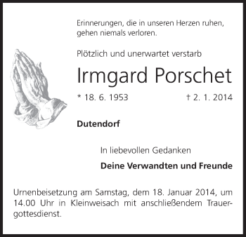 Anzeige von Irmgard Porschet von MGO