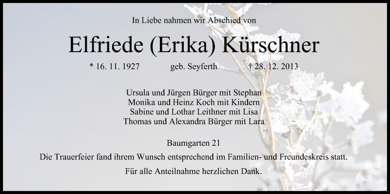  Traueranzeige für Elfriede Kürschner vom 04.01.2014 aus MGO