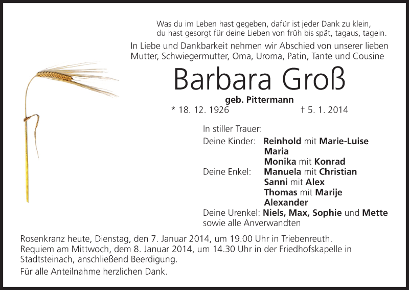 Traueranzeige für Barbara Groß vom 07.01.2014 aus MGO
