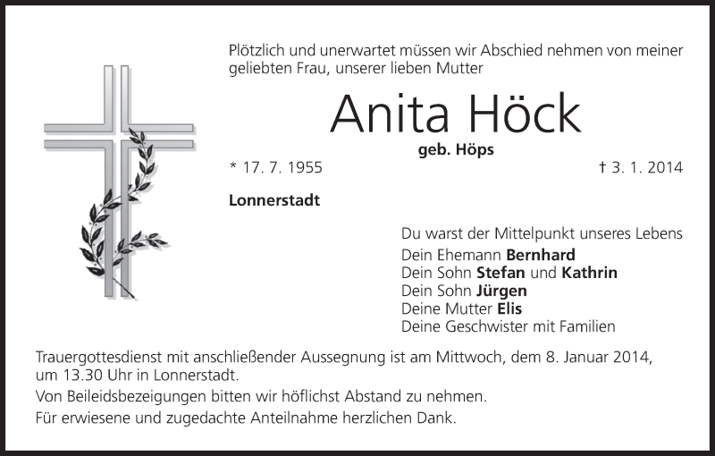  Traueranzeige für Anita Höck vom 07.01.2014 aus MGO
