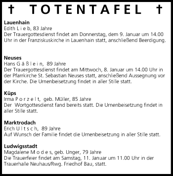Anzeige von Totentafel vom 08.01.2014 von MGO