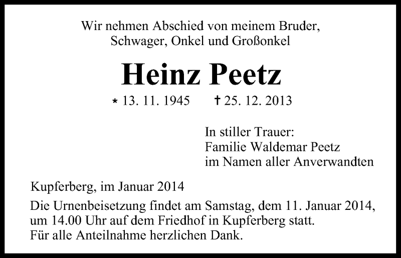  Traueranzeige für Heinz Peetz vom 09.01.2014 aus MGO