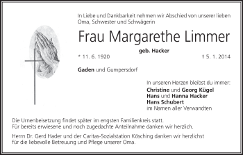 Anzeige von Margarethe Limmer von MGO