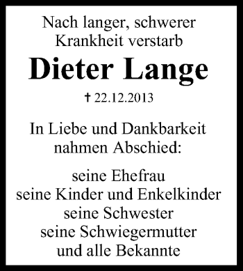 Anzeige von Dieter Lange von MGO