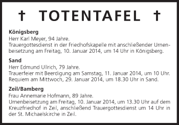 Anzeige von Totentafel vom 09.01.2014 von MGO