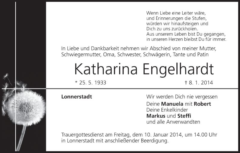  Traueranzeige für Katharina Engelhardt vom 09.01.2014 aus MGO