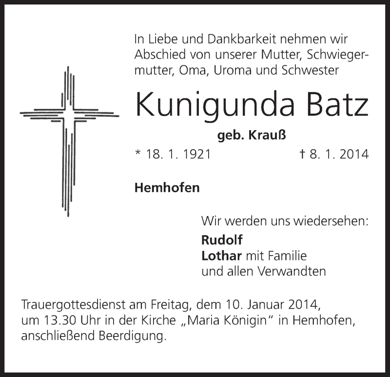  Traueranzeige für Kunigunda Batz vom 09.01.2014 aus MGO