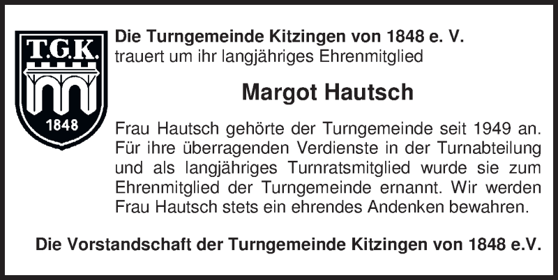  Traueranzeige für Margot Hautsch vom 10.01.2014 aus MGO