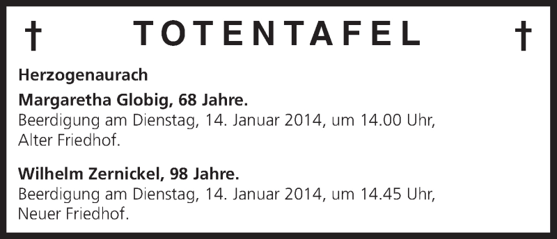  Traueranzeige für Totentafel vom 11.01.2014 vom 11.01.2014 aus MGO