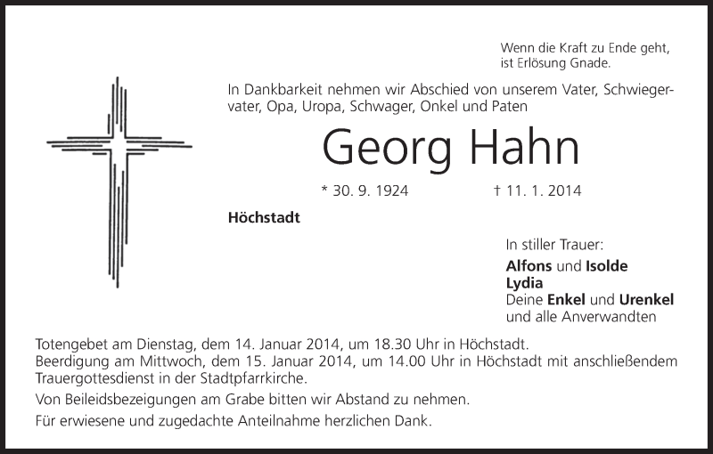 Traueranzeige für Georg Hahn vom 13.01.2014 aus MGO