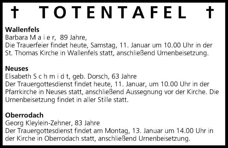  Traueranzeige für Totentafel vom 11.01.2014 vom 11.01.2014 aus MGO