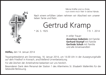 Anzeige von Gertrud Kramp von MGO