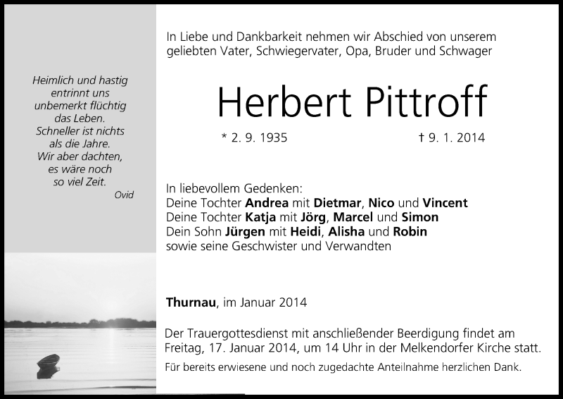  Traueranzeige für Herbert Pittroff vom 14.01.2014 aus MGO