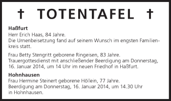 Anzeige von Totentafel vom 15.01.2014 von MGO