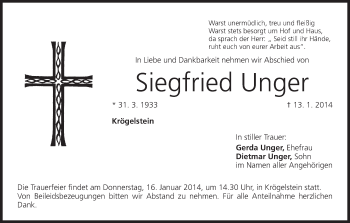 Anzeige von Siegfried Unger von MGO