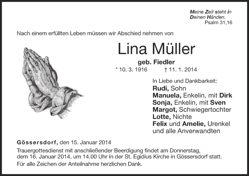  Traueranzeige für Lina Müller vom 15.01.2014 aus MGO