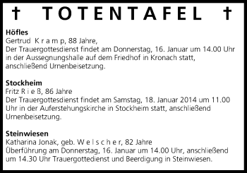 Anzeige von Totentafel vom 15.01.2014 von MGO