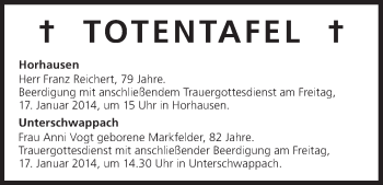 Anzeige von Totentafel vom 16.01.2014 von MGO