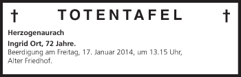 Anzeige von Totentafel vom16.01.2014 von MGO