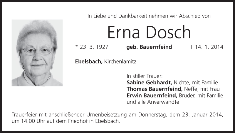  Traueranzeige für Erna Dosch vom 20.01.2014 aus MGO