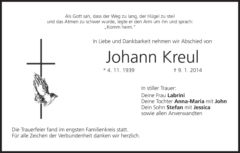  Traueranzeige für Johann Kreul vom 18.01.2014 aus MGO