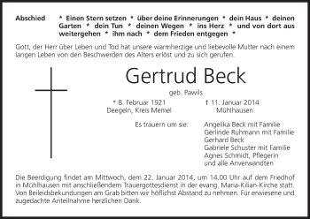 Anzeige von Gertrud Beck von MGO