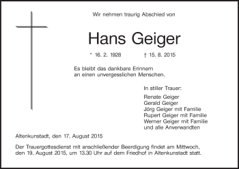 Anzeige von Hans Geiger von MGO