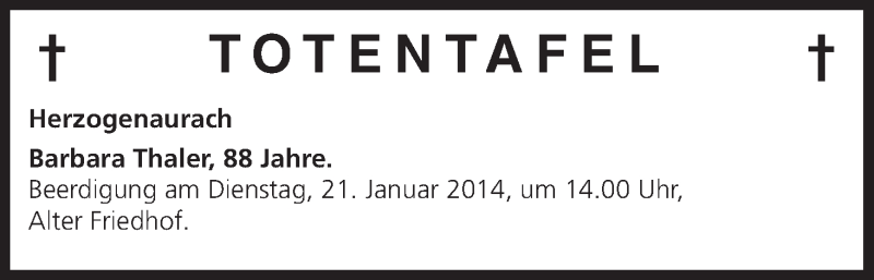 Traueranzeige für Totentafel vom 18.01.2014 vom 18.01.2014 aus MGO
