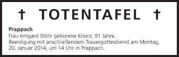 Anzeige von Totentafel vom 18.01.2014 von MGO