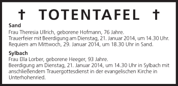 Anzeige von Totentafel vom 21.01.2014 von MGO