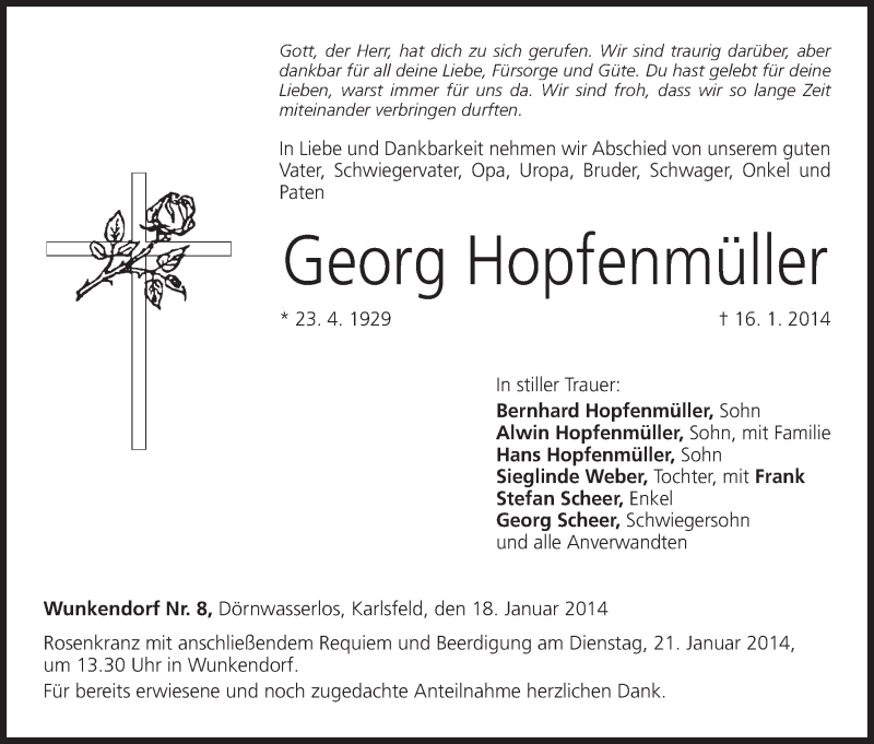  Traueranzeige für Georg Hopfenmüller vom 18.01.2014 aus MGO