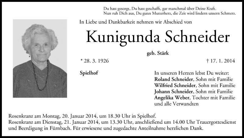  Traueranzeige für Kunigunda Schneider vom 20.01.2014 aus MGO