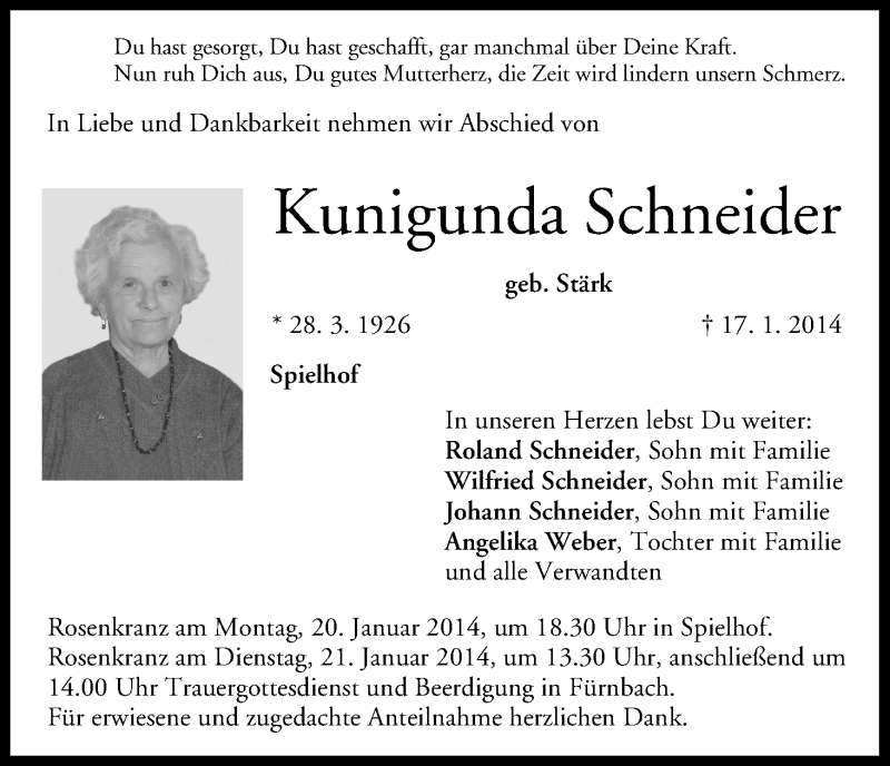  Traueranzeige für Kunigunda Schneider vom 20.01.2014 aus MGO