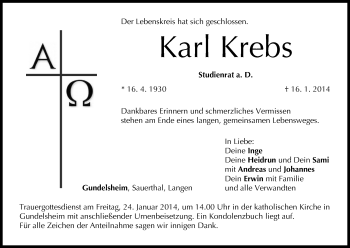 Anzeige von Karl Krebs von MGO