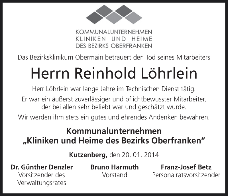  Traueranzeige für Reinhold Löhrlein vom 21.01.2014 aus MGO
