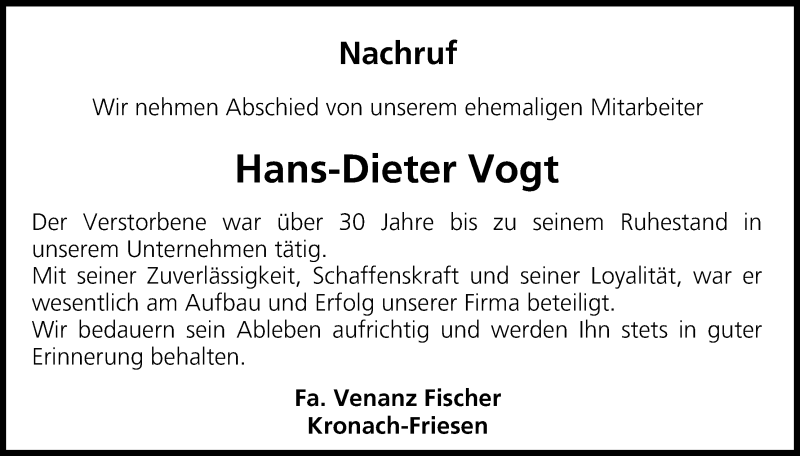  Traueranzeige für Hans-Dieter Vogt vom 21.01.2014 aus MGO