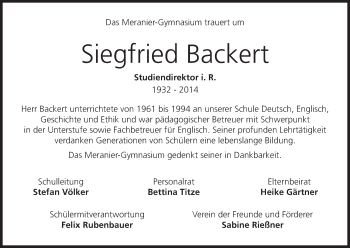 Anzeige von Siegfried Backert von MGO