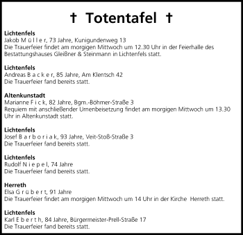 Anzeige von Totentafel vom 21.01.2014 von MGO