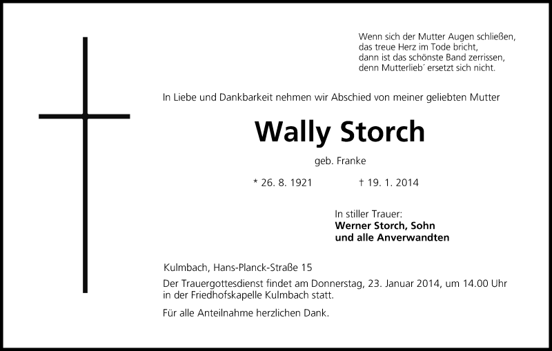  Traueranzeige für Wally Storch vom 21.01.2014 aus MGO