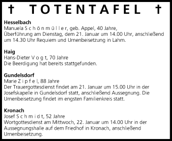 Anzeige von Totentafel vom 21.01.2014 von MGO