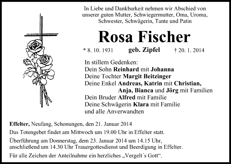  Traueranzeige für Rosa Fischer vom 21.01.2014 aus MGO